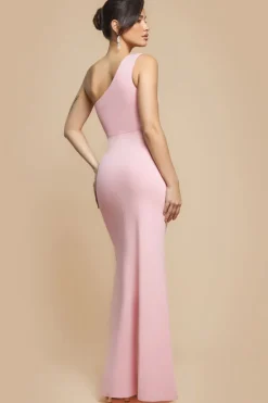 One Shoulder Pleated Fan Maxi Dress - Blush Pink by Goddiva