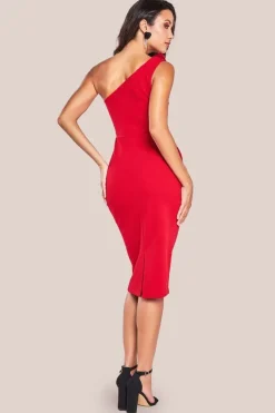 One Shoulder Pleated Fan Midi Dress - Red by Goddiva