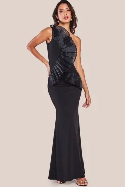 One Shoulder Pleated Fan Maxi Dress - Black by Goddiva