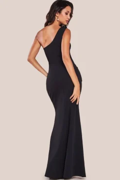 One Shoulder Pleated Fan Maxi Dress - Black by Goddiva