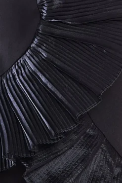 One Shoulder Pleated Fan Maxi Dress - Black by Goddiva
