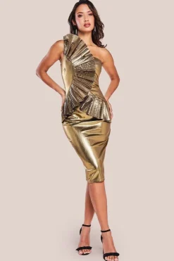 One Shoulder Pleated Fan Midi Dress - Gold by Goddiva