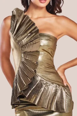 One Shoulder Pleated Fan Midi Dress - Gold by Goddiva