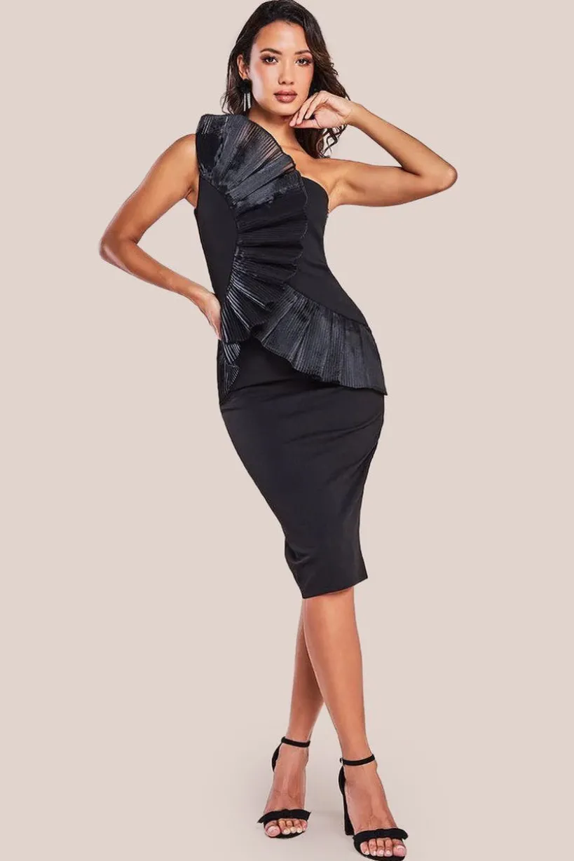 One Shoulder Pleated Fan Midi Dress - Black by Goddiva