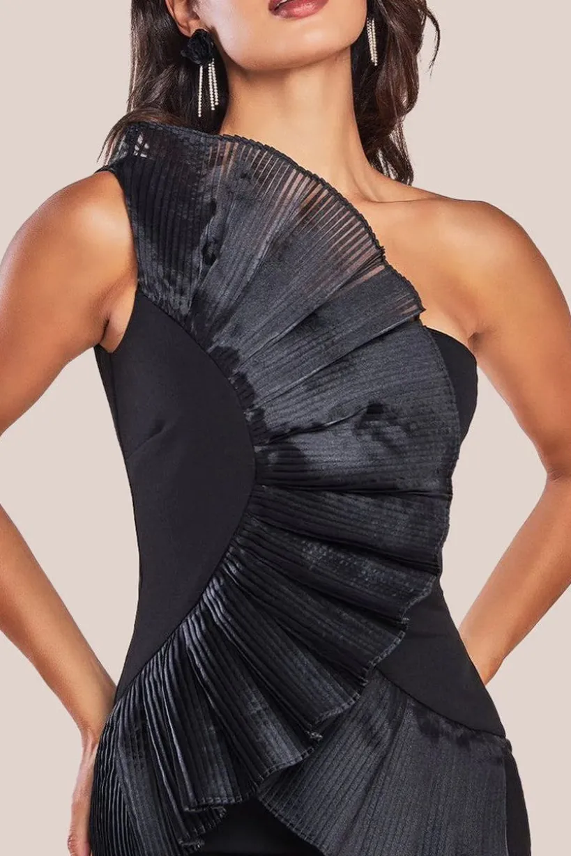 One Shoulder Pleated Fan Midi Dress - Black by Goddiva