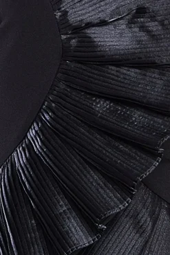 One Shoulder Pleated Fan Midi Dress - Black by Goddiva