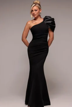 One Shoulder Puffed Satin Sleeve Evening Maxi Dress - Black by Goddiva