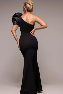 One Shoulder Puffed Satin Sleeve Evening Maxi Dress - Black by Goddiva
