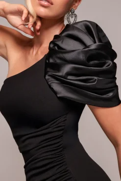 One Shoulder Puffed Satin Sleeve Evening Maxi Dress - Black by Goddiva