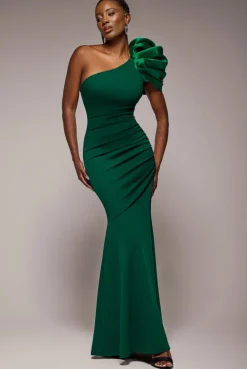 One Shoulder Puffed Satin Sleeve Evening Maxi Dress - Emerald Green by Goddiva