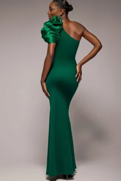 One Shoulder Puffed Satin Sleeve Evening Maxi Dress - Emerald Green by Goddiva