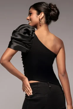 One Shoulder Puffed Satin Sleeve Asymmetric Scuba Top - Black by Goddiva