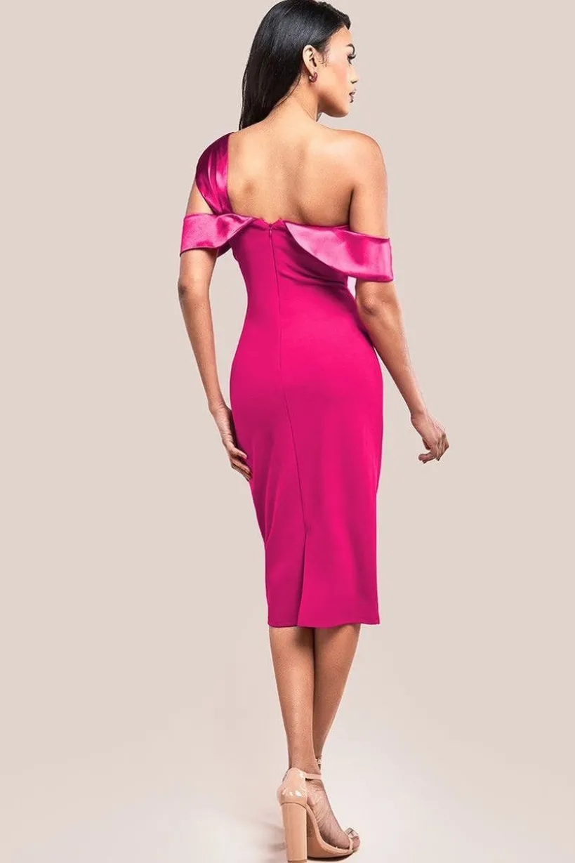 One Shoulder Satin Band Bodycon Midi Dress - Magenta by Goddiva