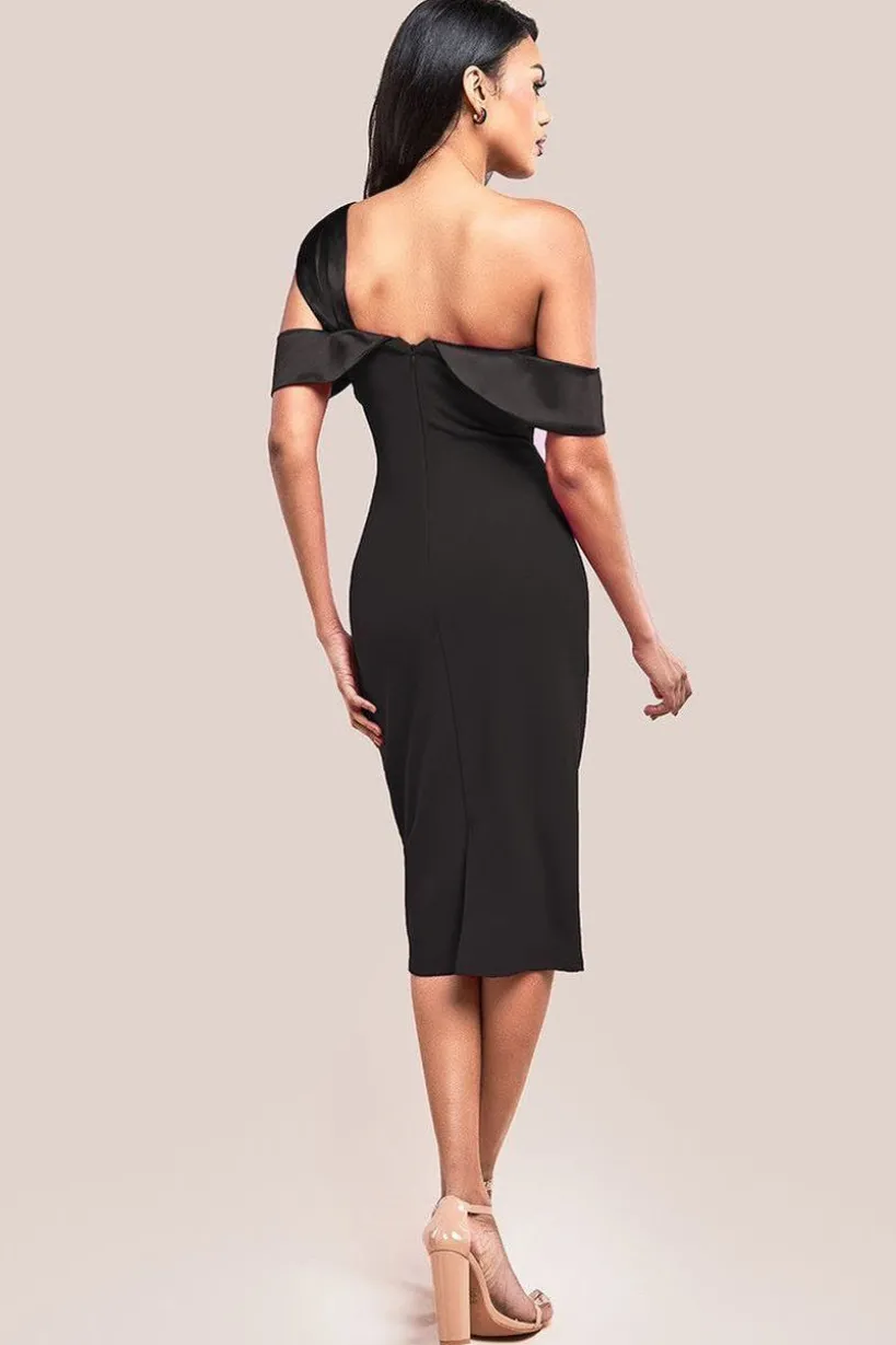One Shoulder Satin Band Bodycon Midi Dress - Black by Goddiva