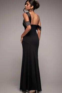 One Shoulder Satin Band Maxi Dress - Black by Goddiva