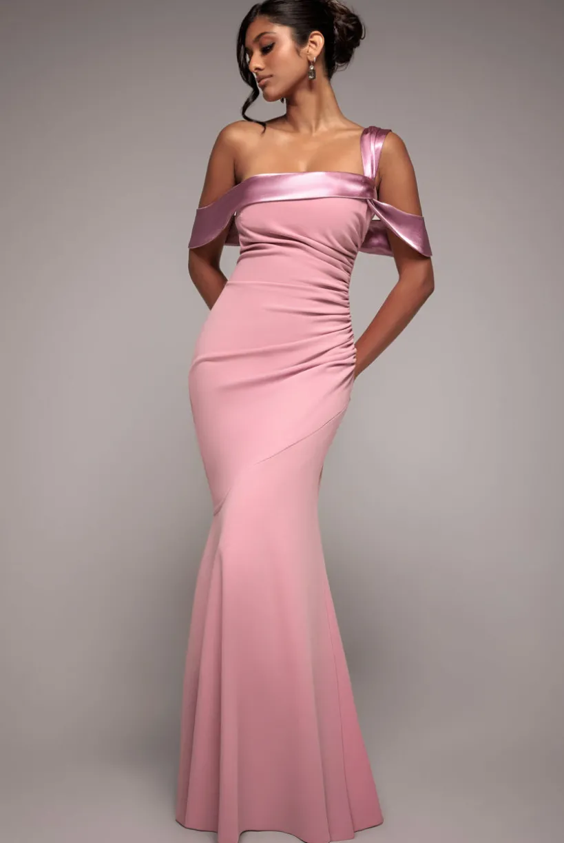 One Shoulder Satin Band Maxi Dress - Rose Pink by Goddiva