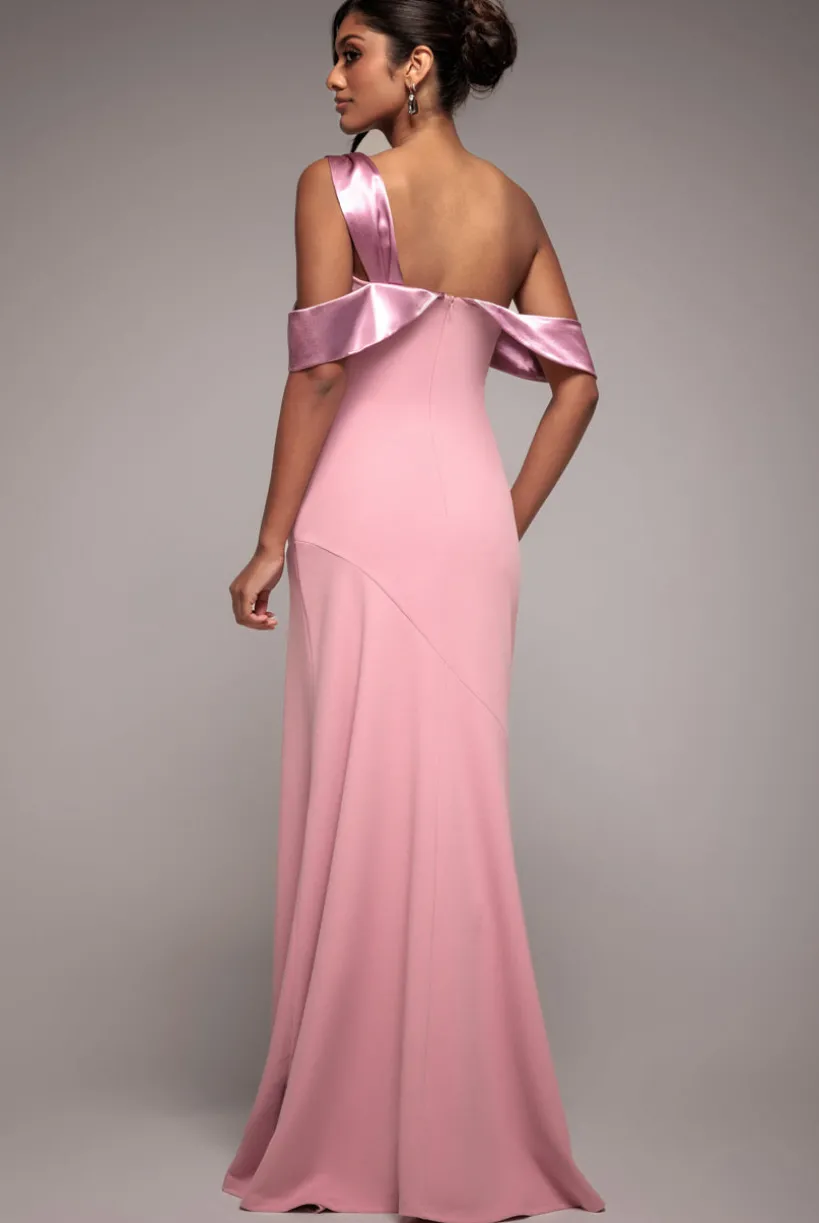 One Shoulder Satin Band Maxi Dress - Rose Pink by Goddiva