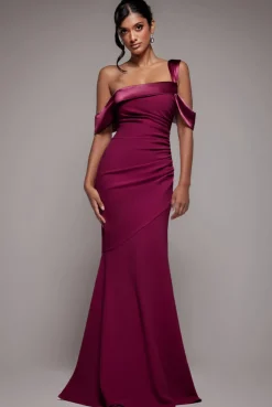 One Shoulder Satin Band Maxi Dress - Burgundy by Goddiva