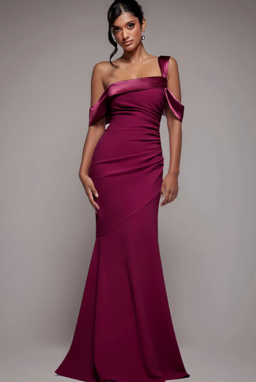 One Shoulder Satin Band Maxi Dress - Burgundy by Goddiva