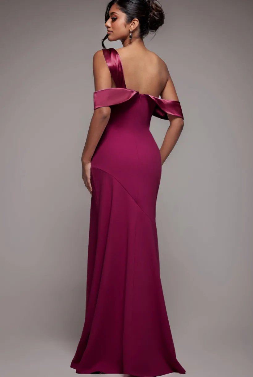 One Shoulder Satin Band Maxi Dress - Burgundy by Goddiva