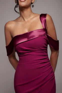 One Shoulder Satin Band Maxi Dress - Burgundy by Goddiva