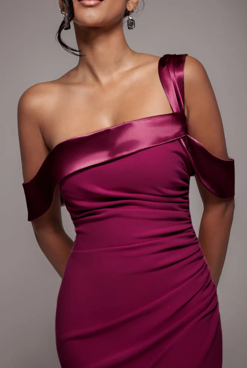 One Shoulder Satin Band Maxi Dress - Burgundy by Goddiva