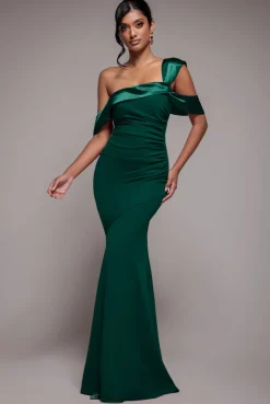 One Shoulder Satin Band Maxi Dress - Emerald Green by Goddiva