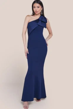 One Shoulder Satin Bow Scuba Crepe Maxi Dress - Navy by Goddiva