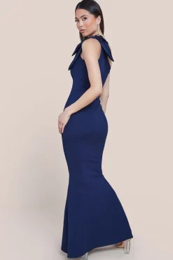 One Shoulder Satin Bow Scuba Crepe Maxi Dress - Navy by Goddiva