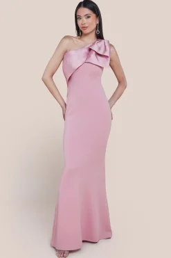 One Shoulder Satin Bow Scuba Crepe Maxi Dress - Blush by Goddiva