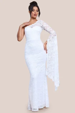 One Shoulder Scalloped Neck Maxi Dress - White by Goddiva