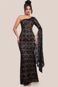 One Shoulder Scalloped Neck Maxi Dress - Black by Goddiva