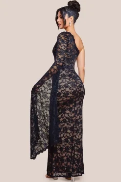 One Shoulder Scalloped Neck Maxi Dress - Black by Goddiva