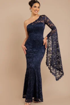 One Shoulder Scalloped Neck Maxi Dress - Navy Blue by Goddiva