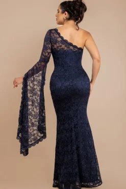 One Shoulder Scalloped Neck Maxi Dress - Navy Blue by Goddiva