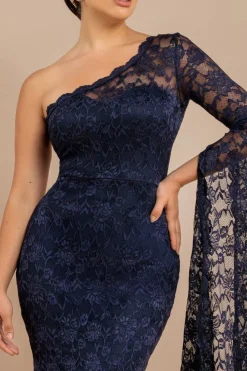 One Shoulder Scalloped Neck Maxi Dress - Navy Blue by Goddiva
