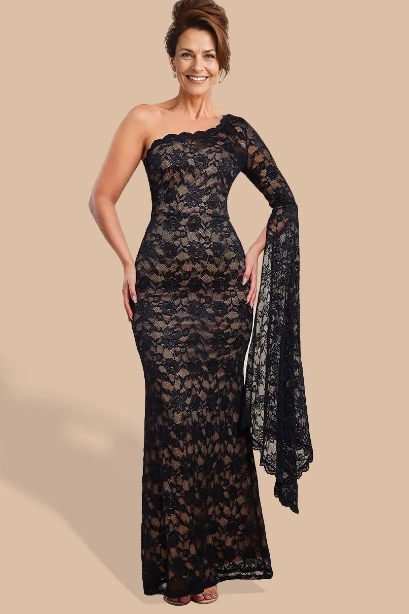One Shoulder Scalloped Neck Maxi Dress - Black by Goddiva