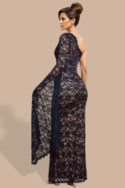 One Shoulder Scalloped Neck Maxi Dress - Black by Goddiva