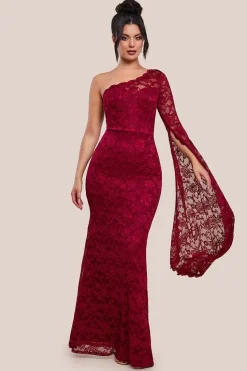 One Shoulder Scalloped Neck Maxi Dress - Wine by Goddiva