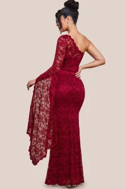 One Shoulder Scalloped Neck Maxi Dress - Wine by Goddiva