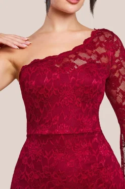 One Shoulder Scalloped Neck Maxi Dress - Wine by Goddiva