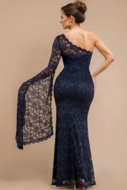 One Shoulder Scalloped Neck Maxi Dress - Navy Blue by Goddiva