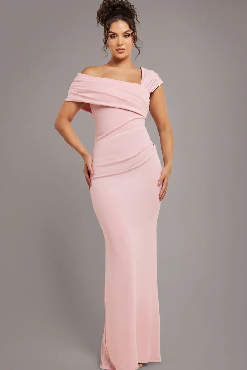 One Shoulder Scuba Crepe Evening Maxi Dress - Blush Pink by Goddiva