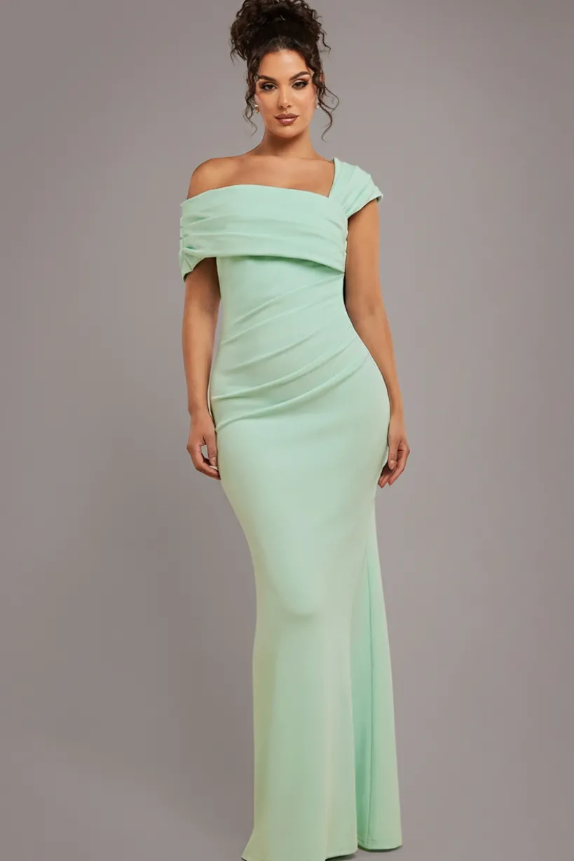 One Shoulder Scuba Crepe Evening Maxi Dress - Mint Green by Goddiva