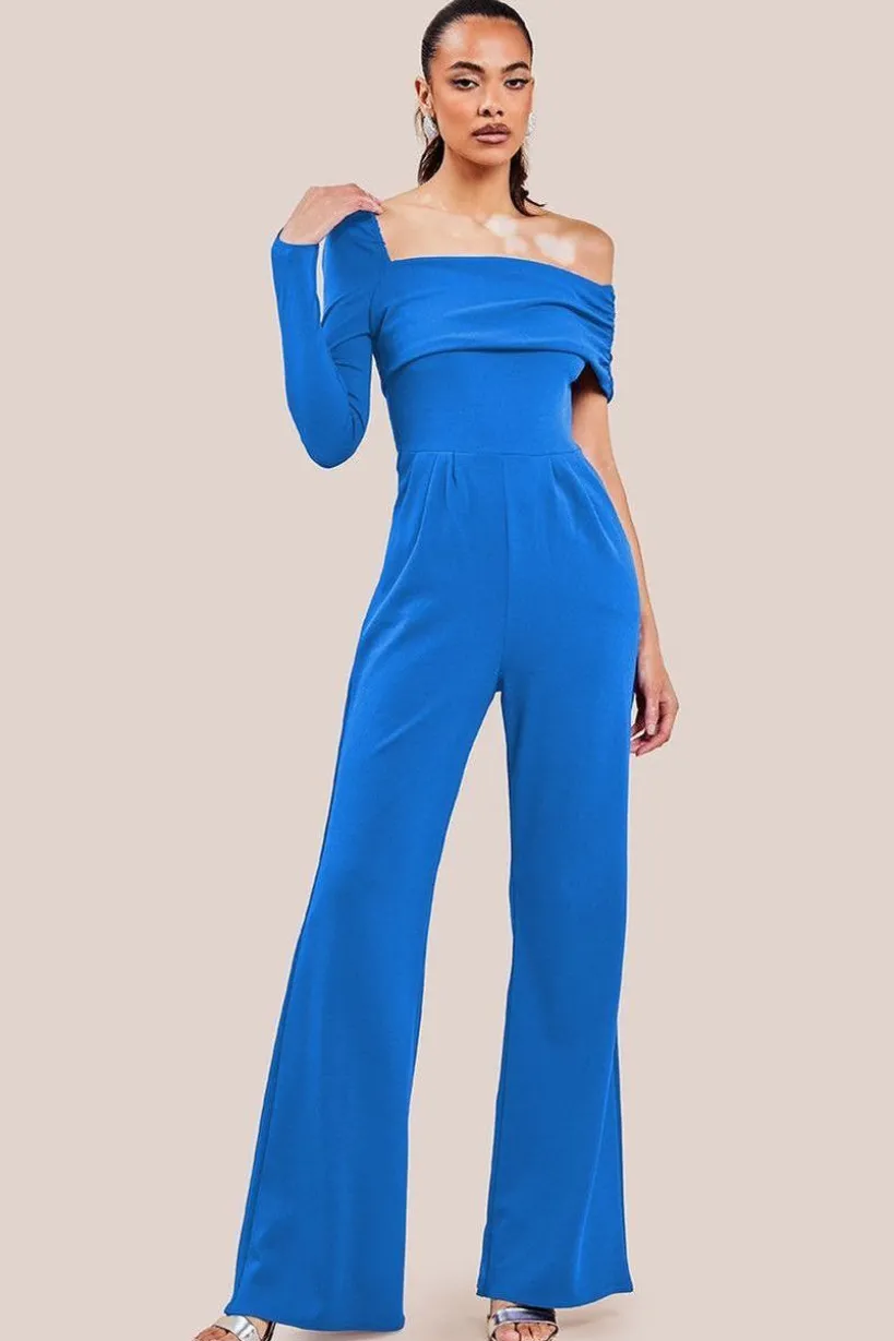 One Shoulder Scuba Jumpsuit - Royal Blue by Goddiva