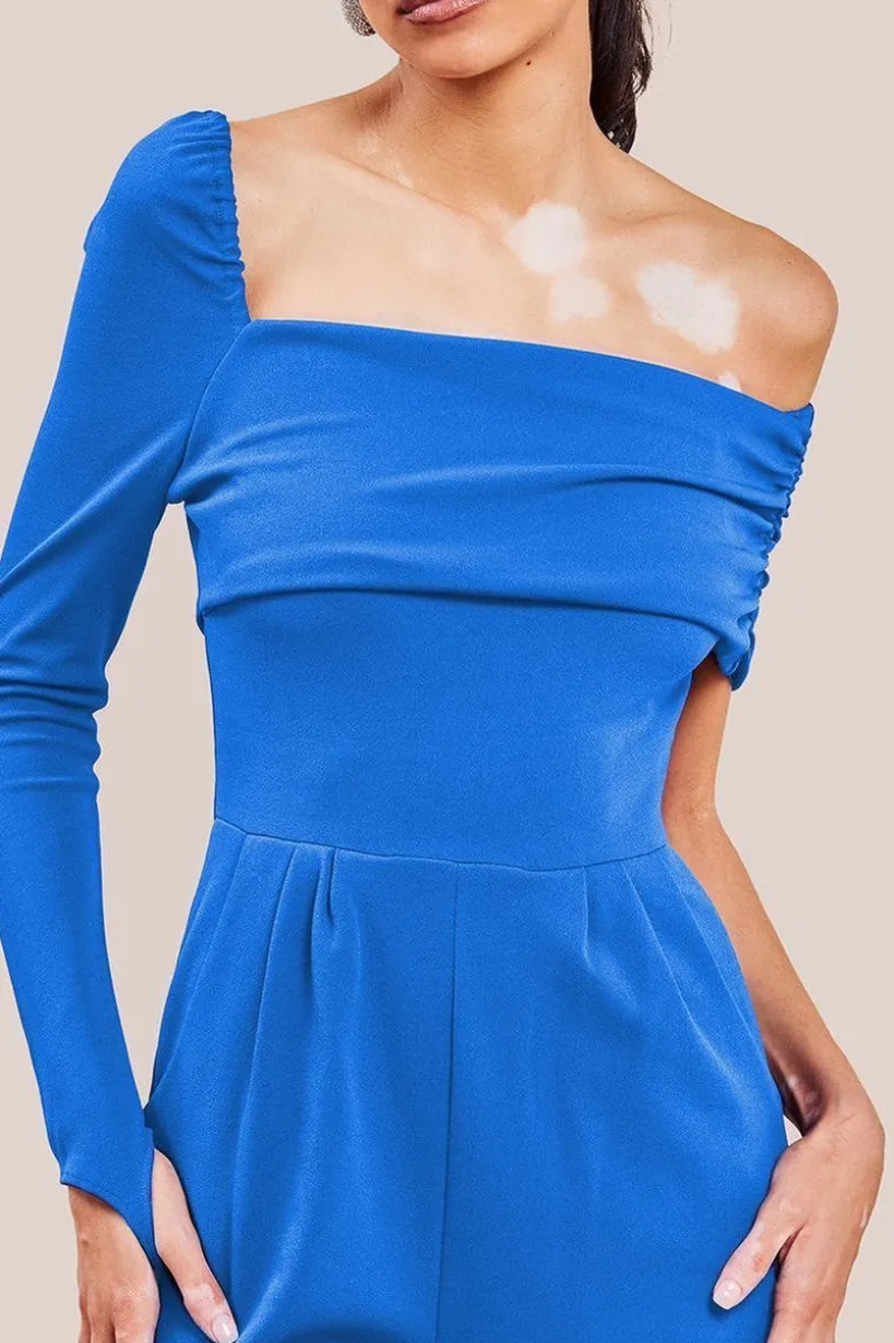 One Shoulder Scuba Jumpsuit - Royal Blue by Goddiva