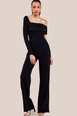 One Shoulder Scuba Jumpsuit - Black by Goddiva