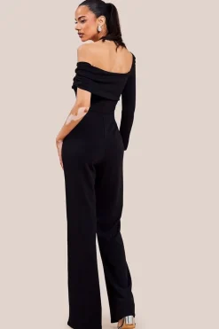 One Shoulder Scuba Jumpsuit - Black by Goddiva