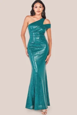 One Shoulder Sequin Evening Maxi - Emerald Green by Goddiva