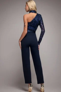 One Shoulder Sequin Jumpsuit - Navy by Goddiva